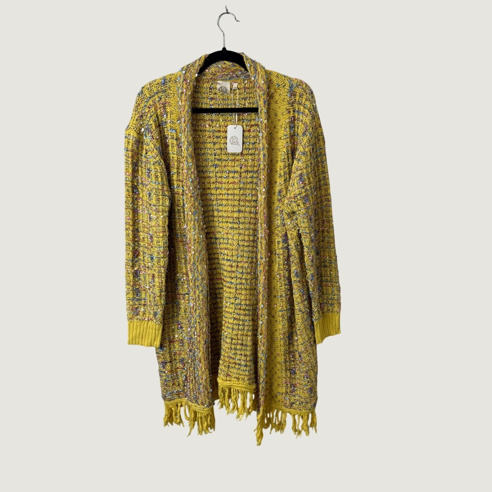 Yellow Bright Confetti Knit Fringe Cardigan S/M Boho Festival Fall Layering NWT